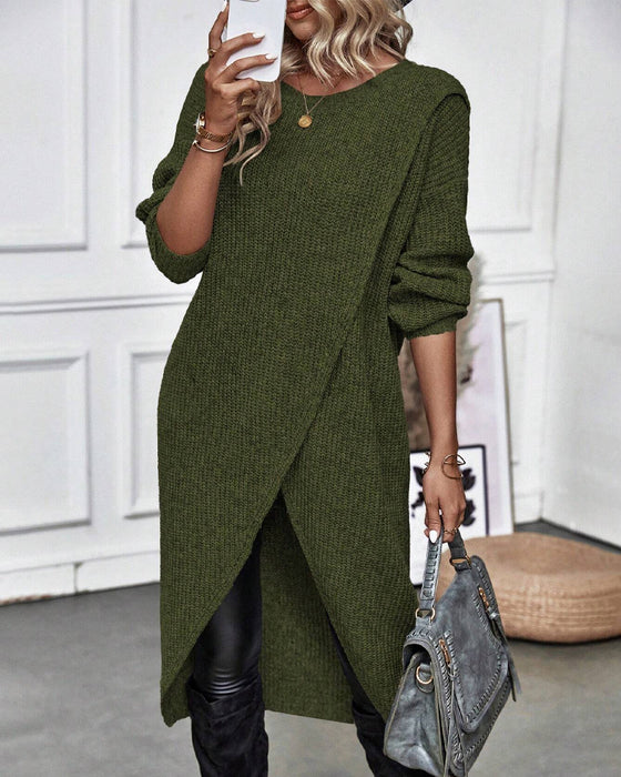 Solid color sweater dress with irregular hem