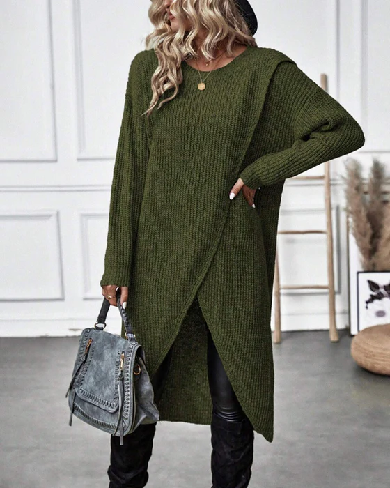 Solid color sweater dress with irregular hem