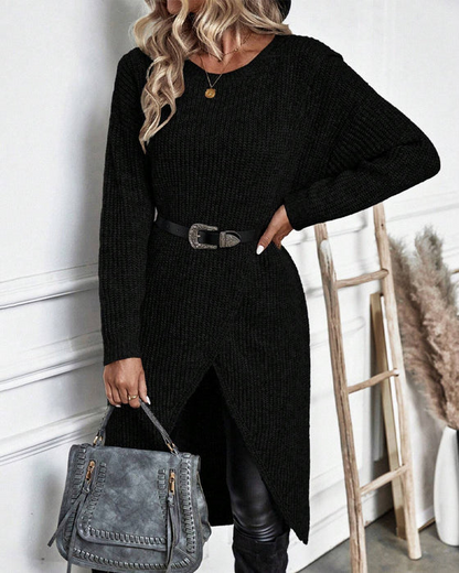 Solid color sweater dress with irregular hem